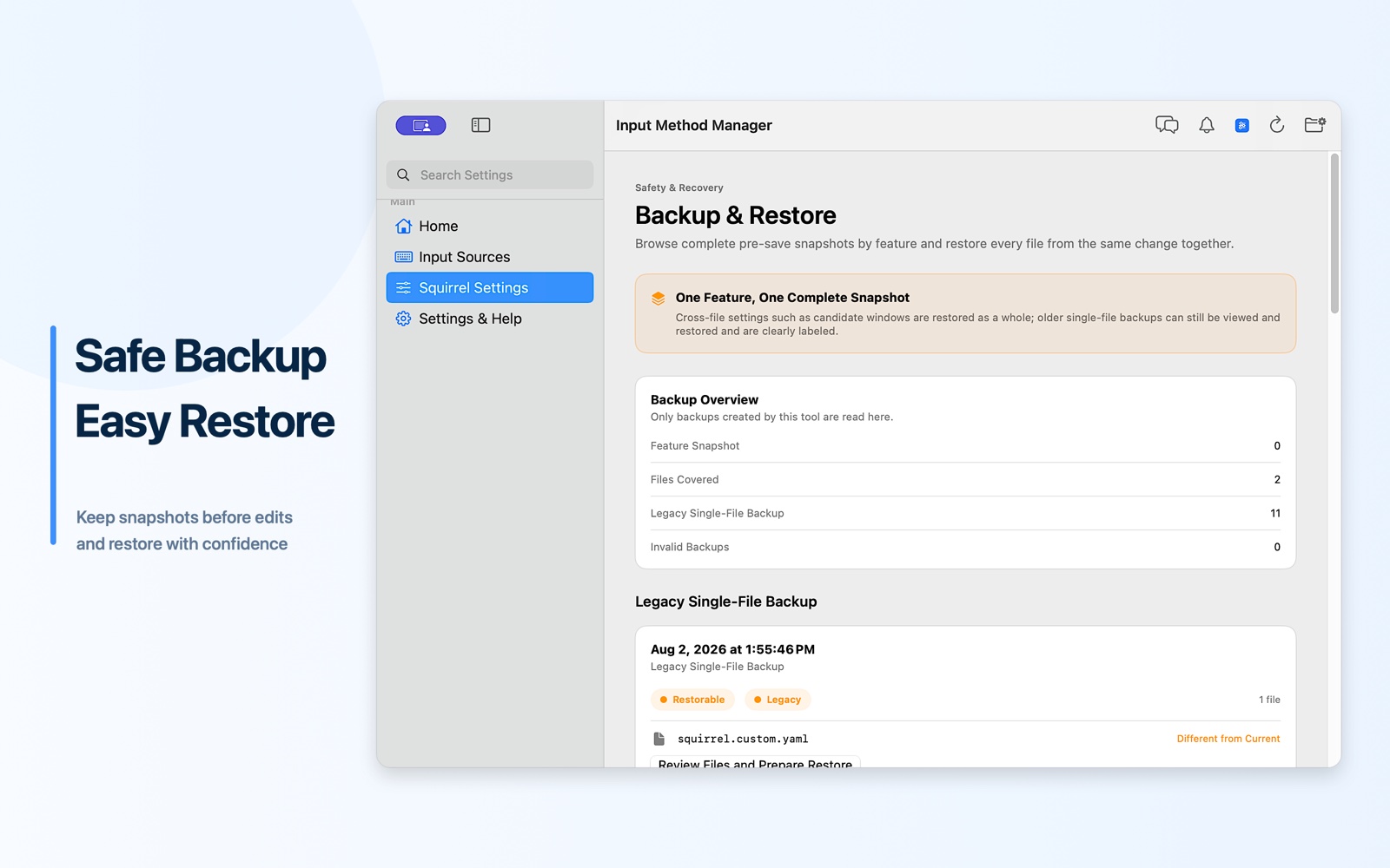 Backup and Restore page listing local Squirrel settings safety snapshots