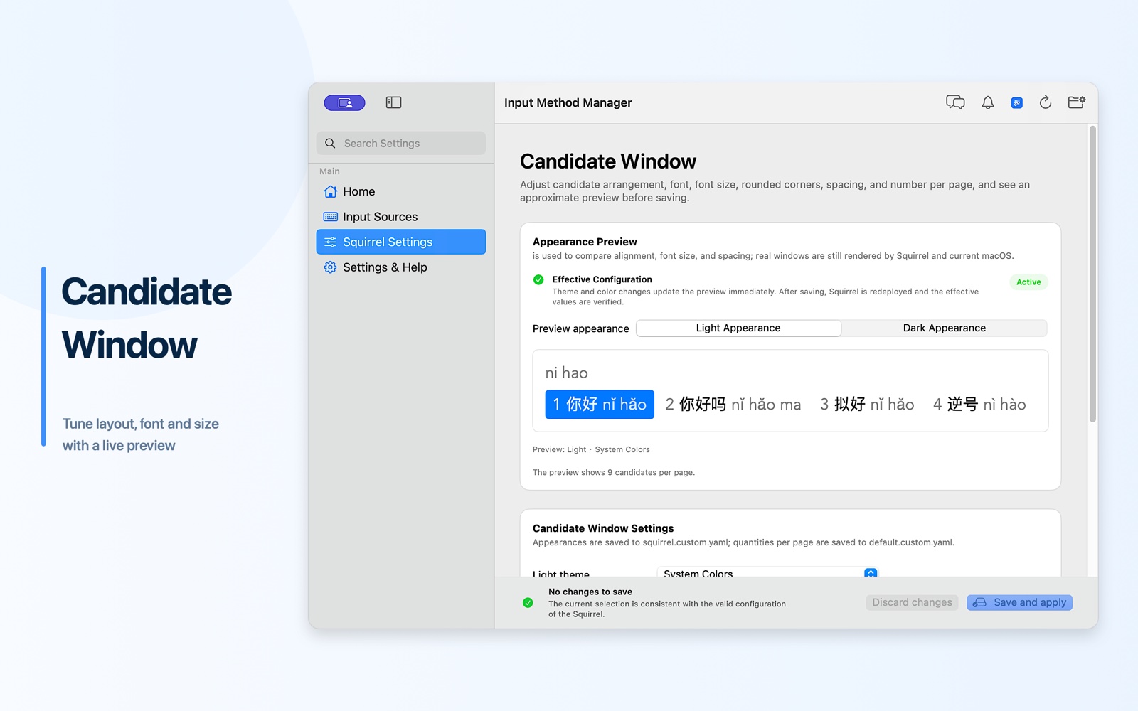 Candidate Window settings with layout, typography, and a local preview