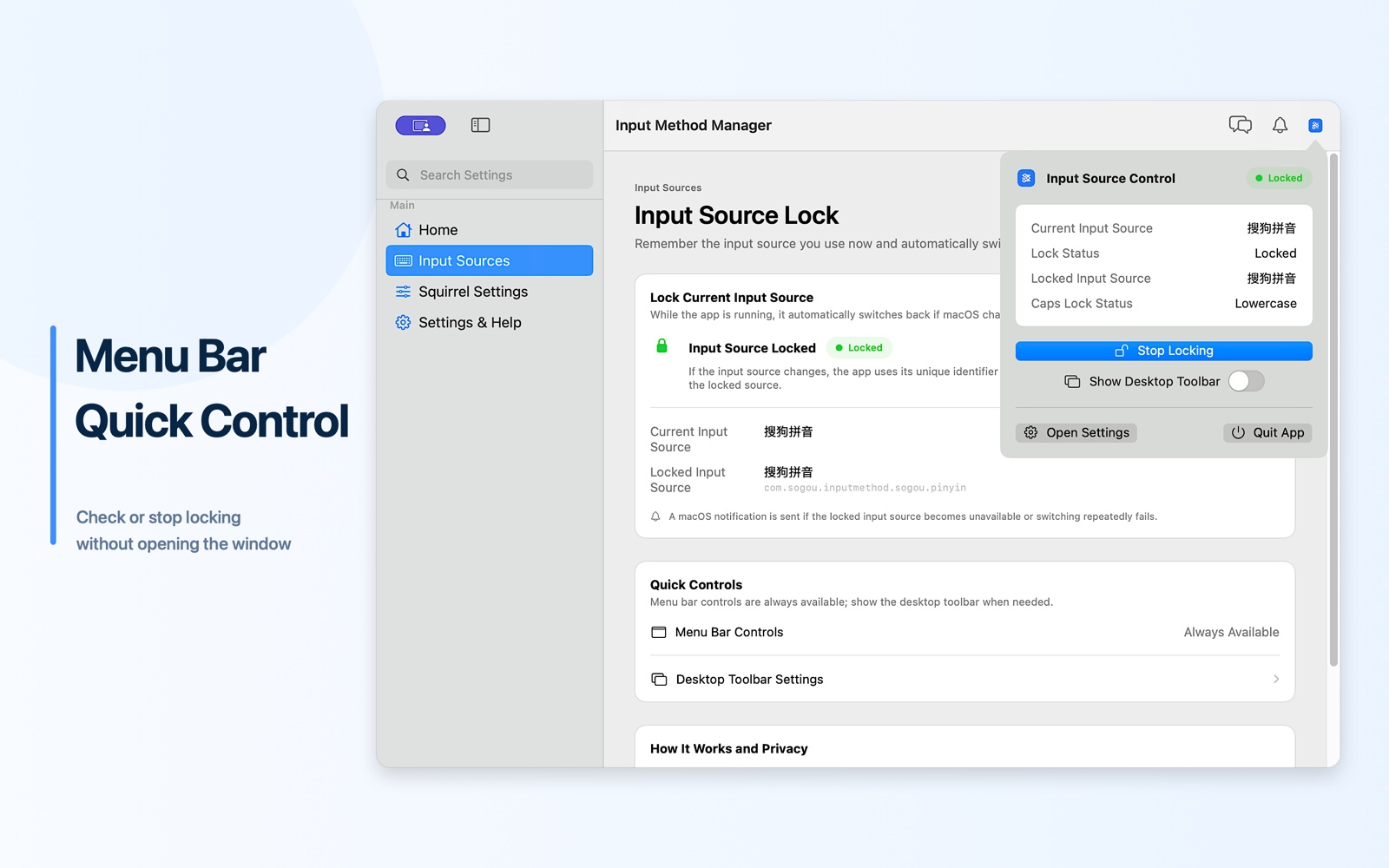Input Method Manager menu bar control for locking the current input source